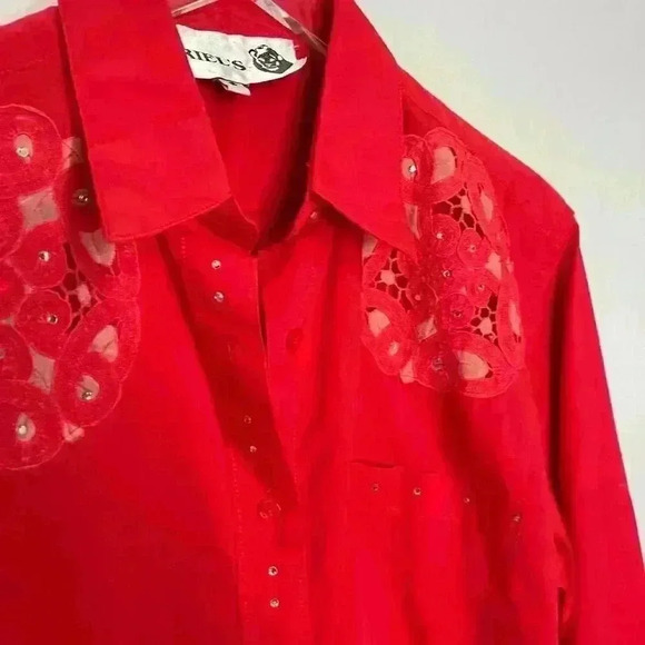 Vintage Ariel's Red Western Long Sleeve Rhinestone Floral Cutout Button Up Small - Picture 5 of 7